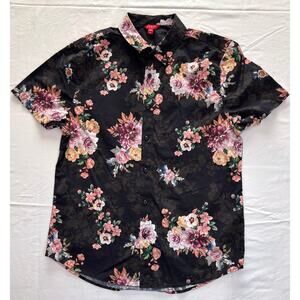 Guess Brand Men's Button-up Shirt, Black and Flowers, Medium